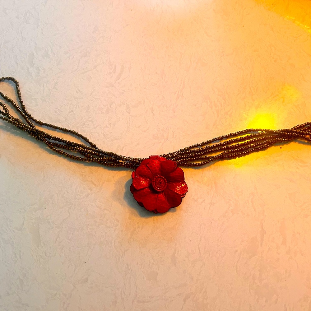 Vintage gold beaded with red leather rose choker/necklace